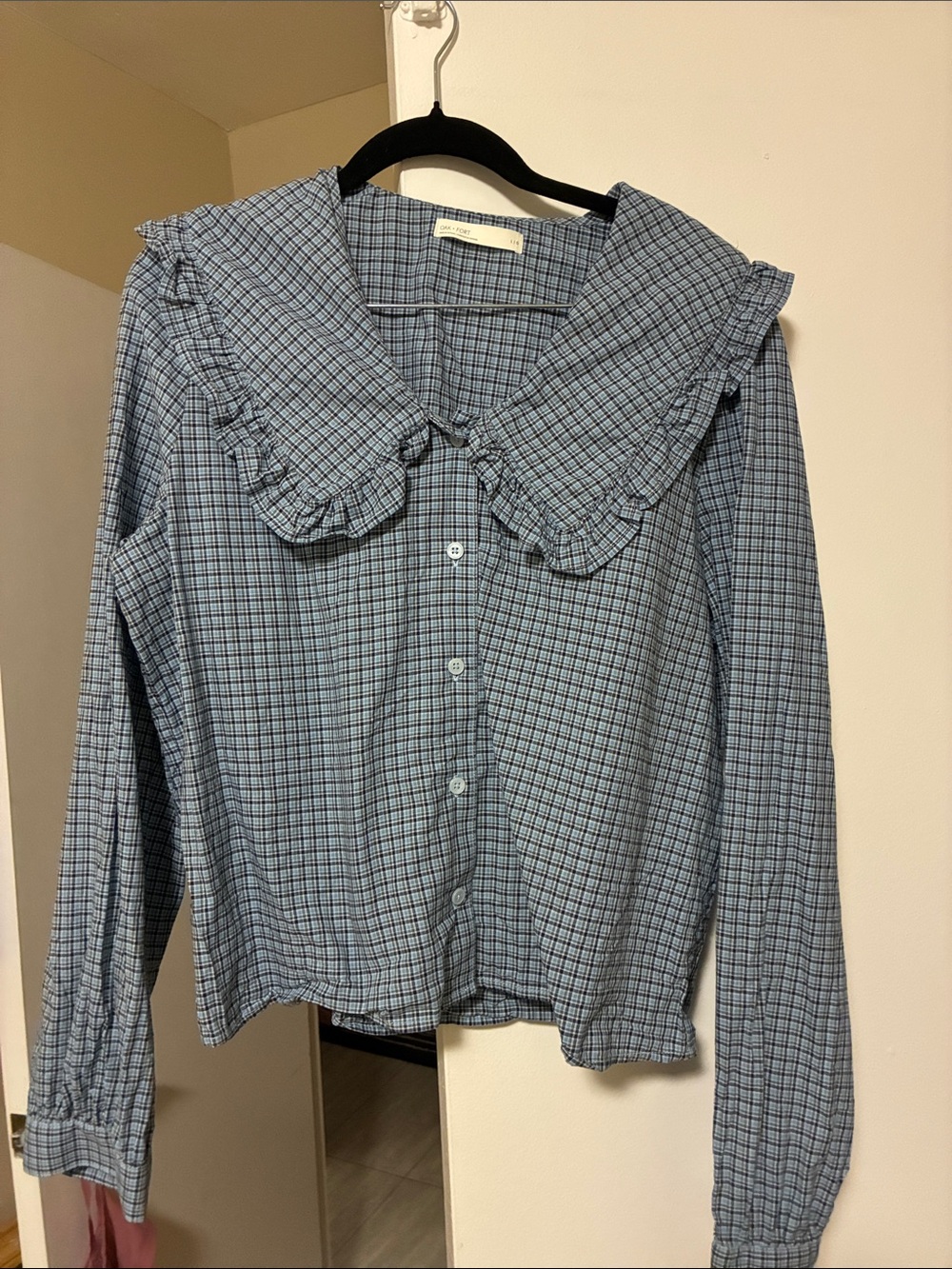 OAK + FORT Blue Plaid Ruffle Collar Button-Down Shirt